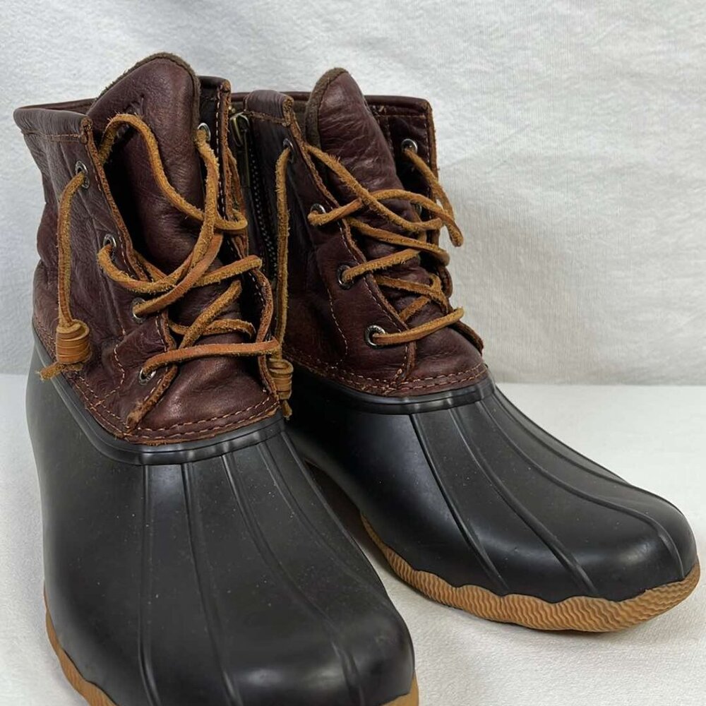 Sperry Saltwater Duck Boots 8M Brown Waterproof Rubber Boots Lace up & Zipper  O